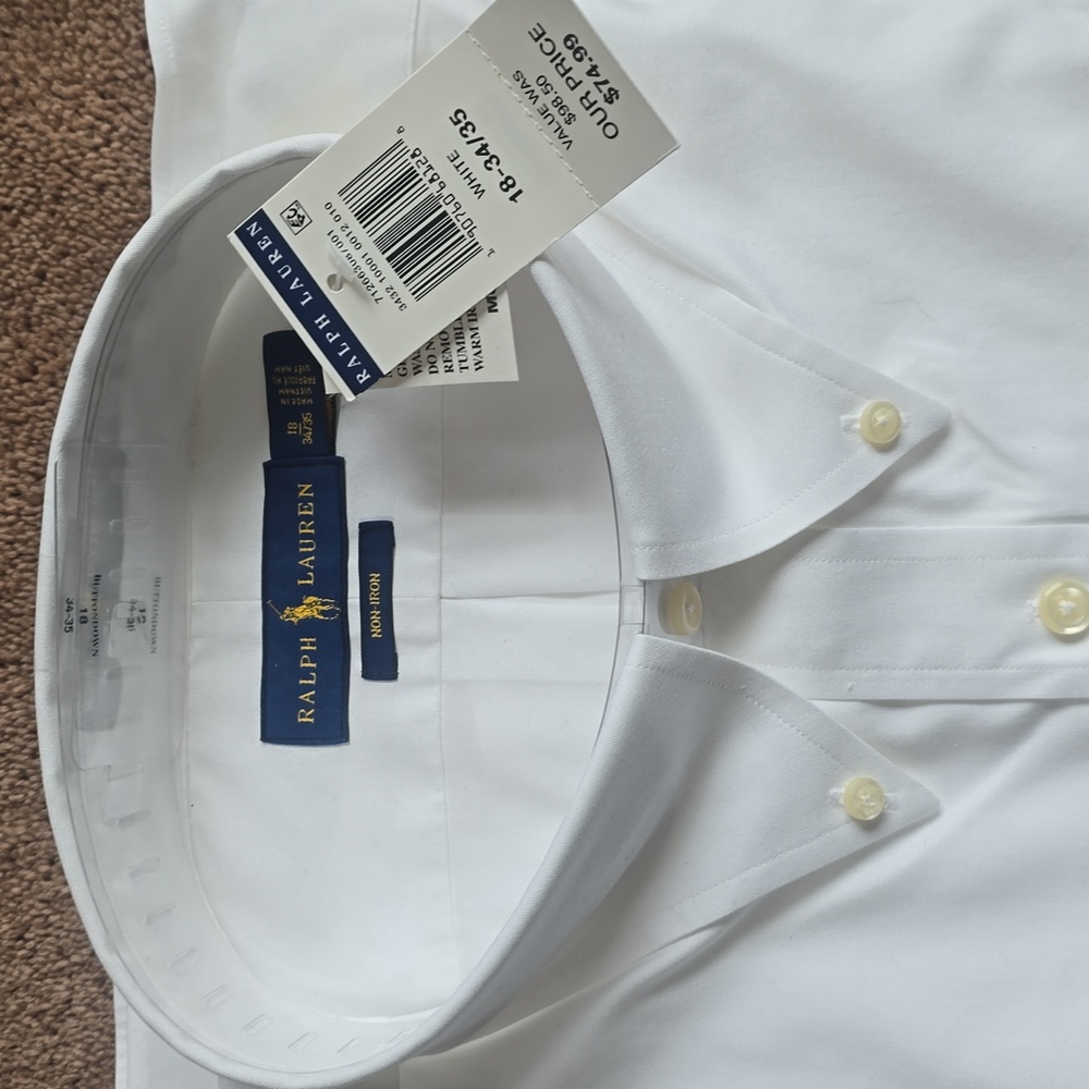 Ralph Laurn, Non-iron, 18-34/35 White Button Down Mens Shirt - Picture 2 of 5